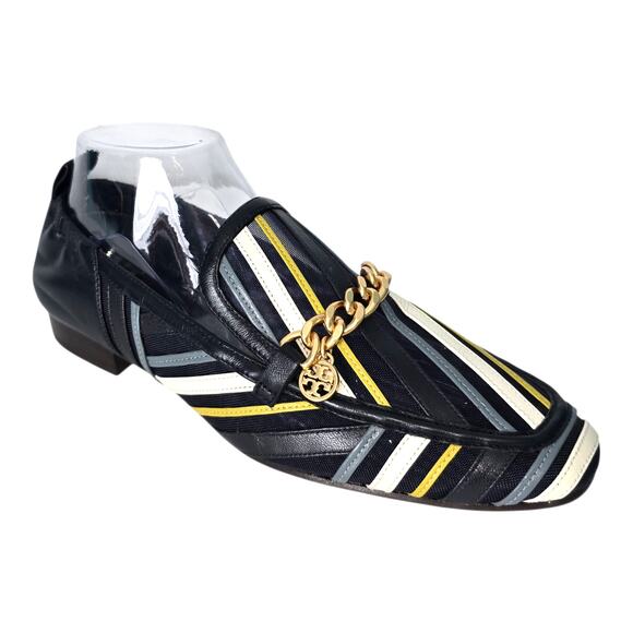 Tory Burch Jessa Stripe Mesh Loafer In Perfect Navy Multi Gold Chain Not Worn 9 - Picture 1 of 11